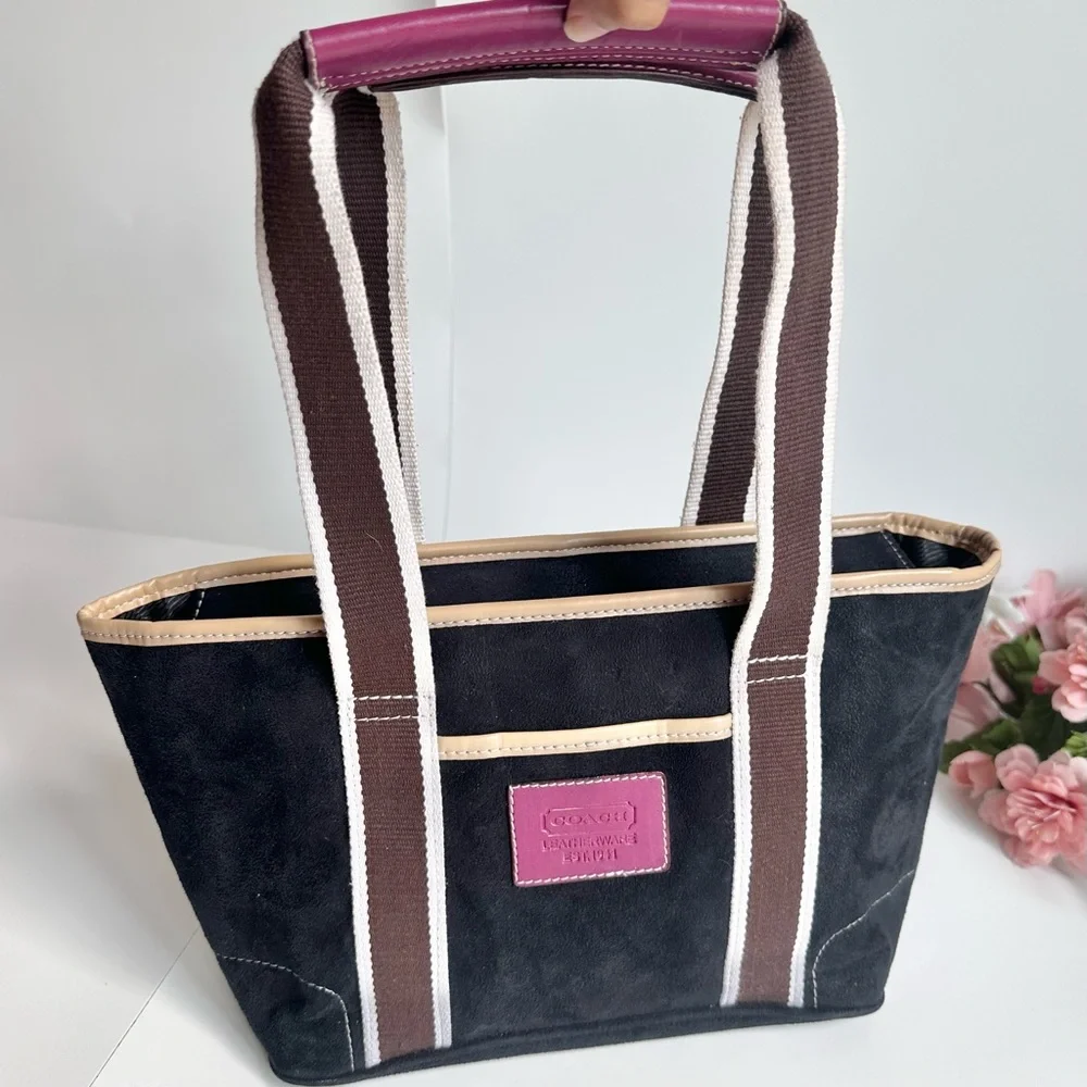 Vintage Coach Leatherware Hampton Mini Black Suede Tan Leather Shoulder Bag - Picture 5 of 16